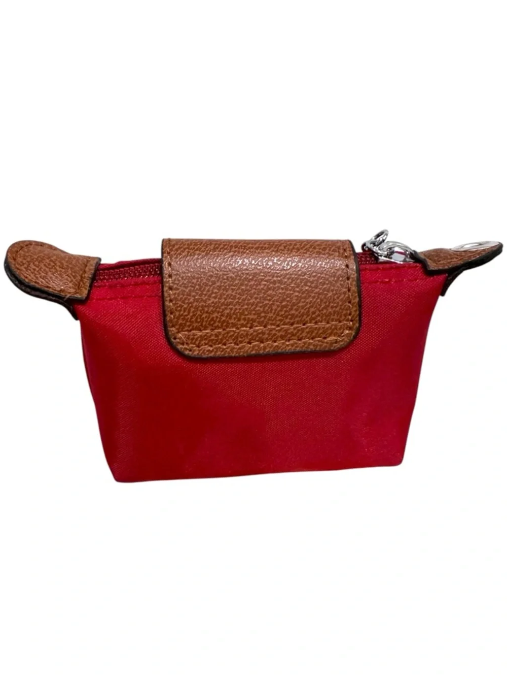 Longchamp Style Canvas Red Women's Pouch Brown Leather Trim Silver Flower Charm